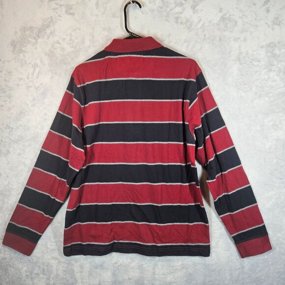 NWT St. Johns Bay Sueded Jersey Men's M Red Navy Striped Long Sleeve Polo Shirt - Picture 2 of 11